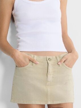 Aritzia TNA Almond Beige Denim Payton Mini Skirt with Front Button Detail